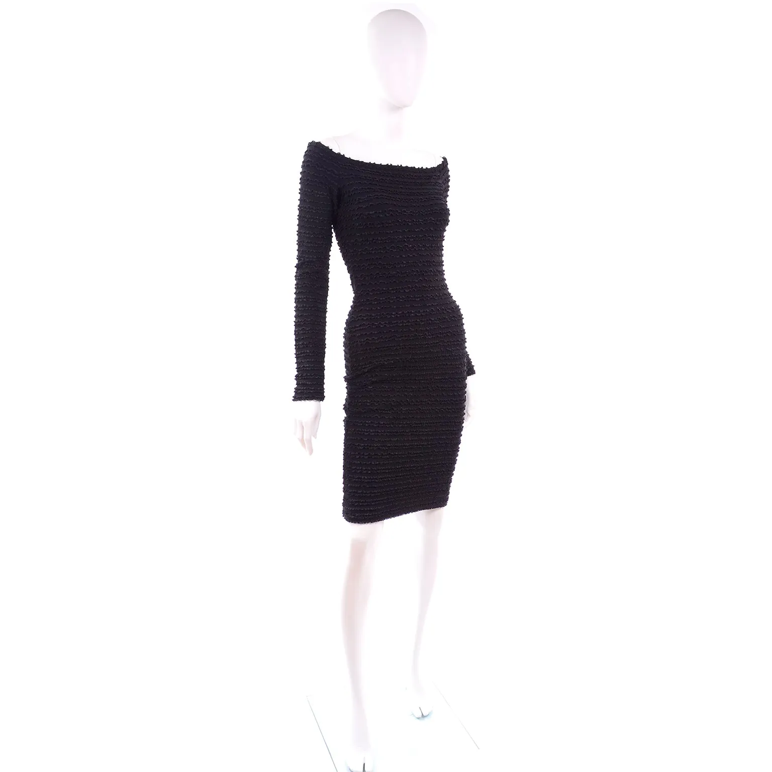 1988 Patrick Kelly Vintage Black Crinkle Ruffle Bodycon Dress