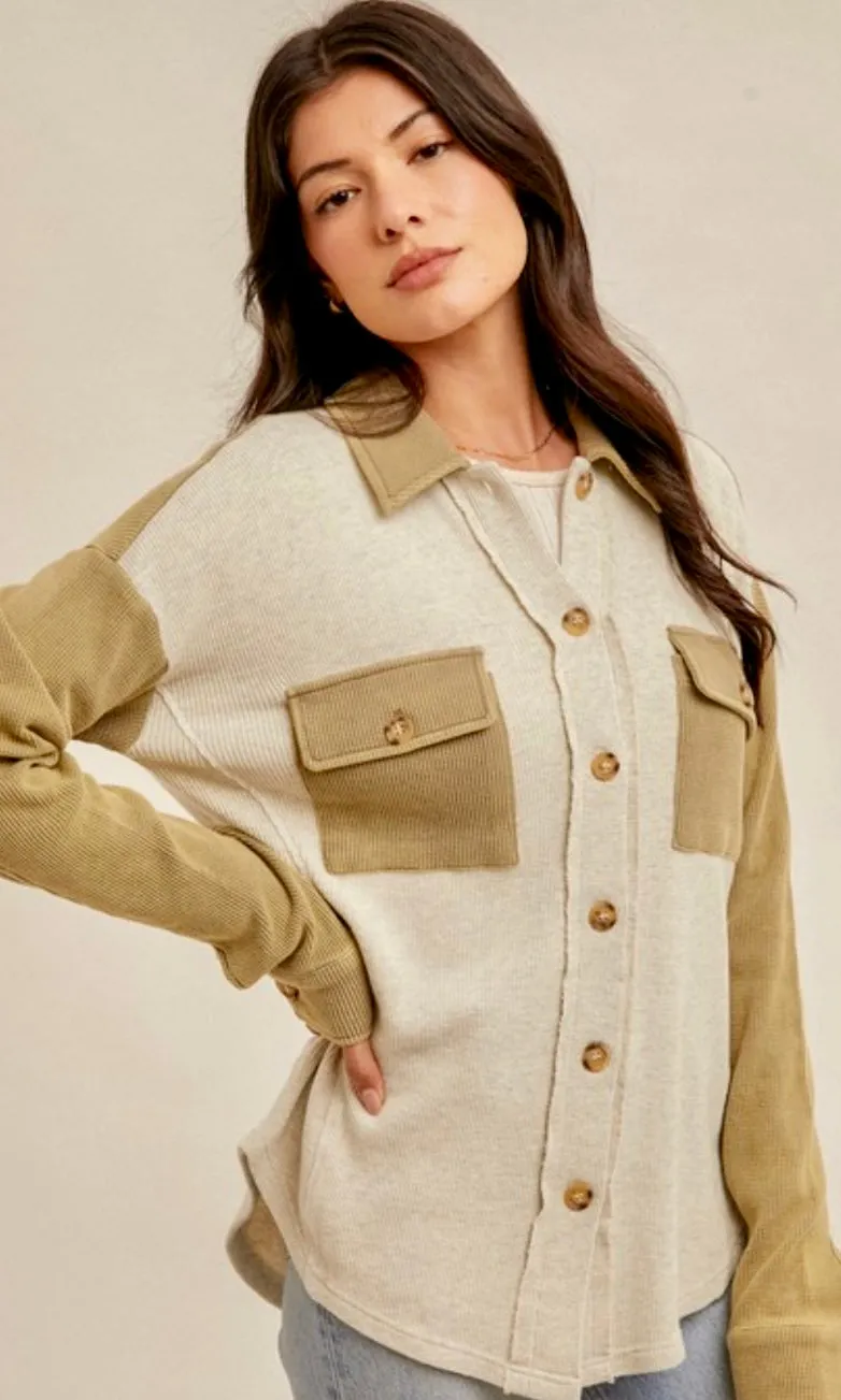 Ablex Dusty Olive Contrast Snow Wash Thermal Knit Shacket Jacket Top