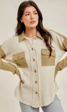 Ablex Dusty Olive Contrast Snow Wash Thermal Knit Shacket Jacket Top