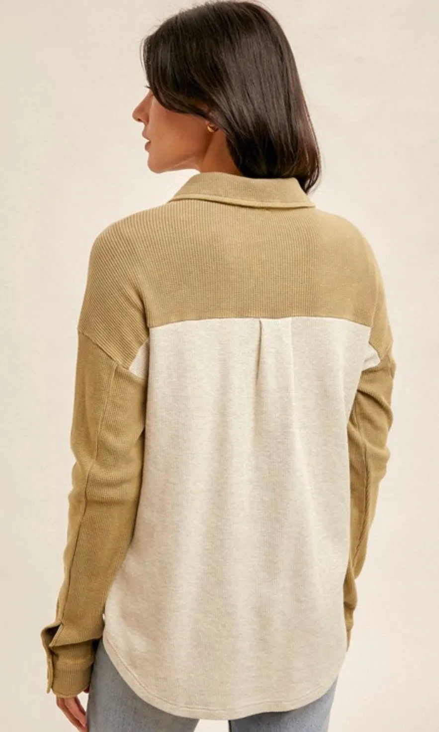 Ablex Dusty Olive Contrast Snow Wash Thermal Knit Shacket Jacket Top
