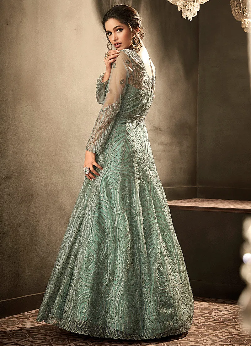Aqua Blue Embroidered Anarkali Gown