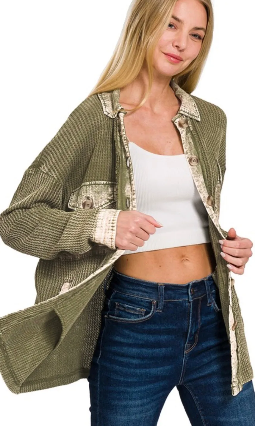 Axona Olive Washed Thermal Shacket Jacket