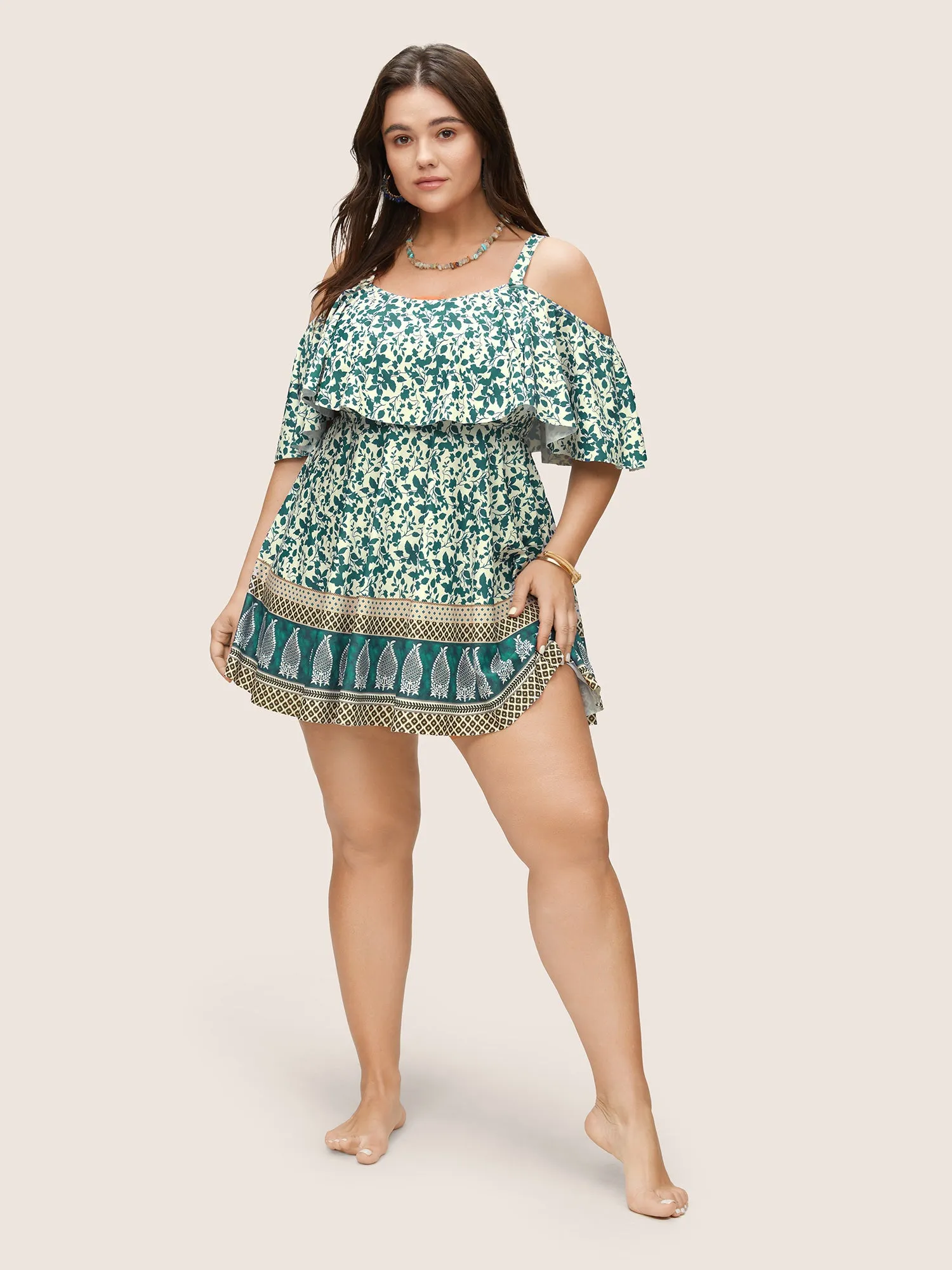 Bandana Print Cold Shoulder Swim Dress