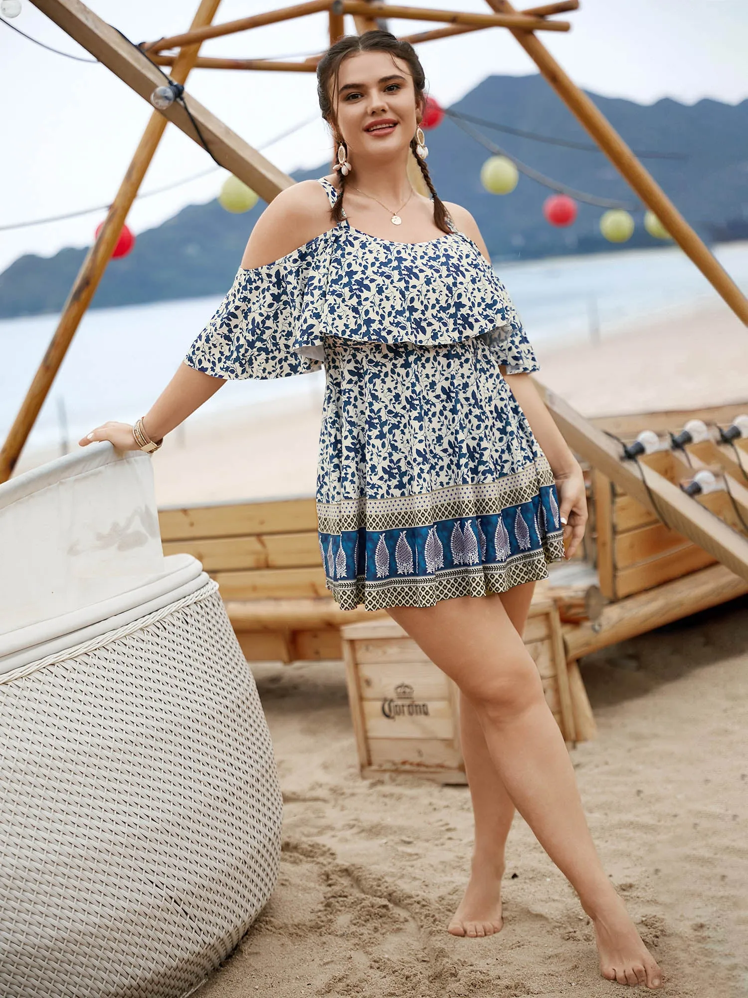 Bandana Print Cold Shoulder Swim Dress