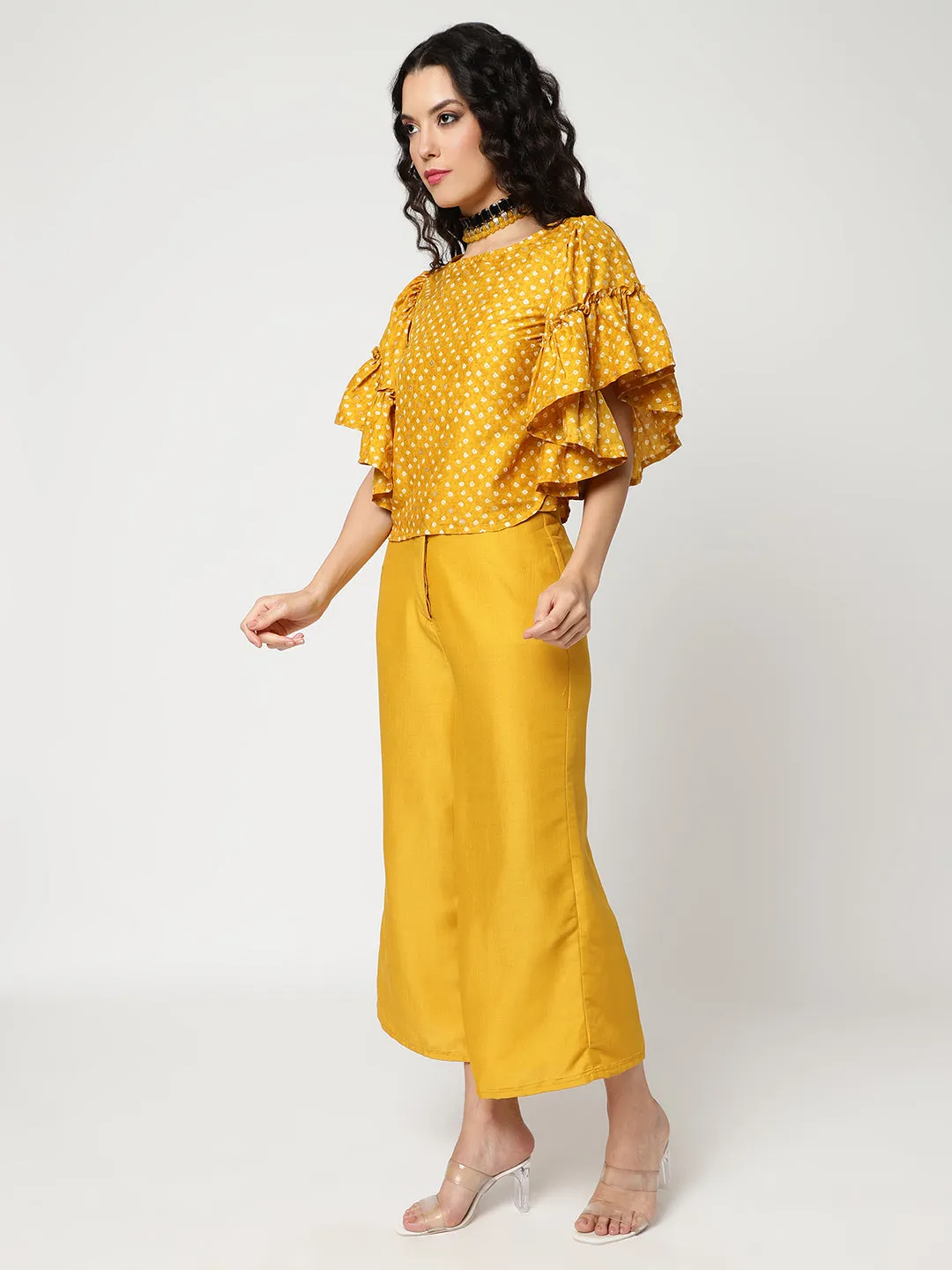 Bandhani Foil Printed Crop Top With Flared Sleeves And Solid Matching Pant Set (Set Of 2)