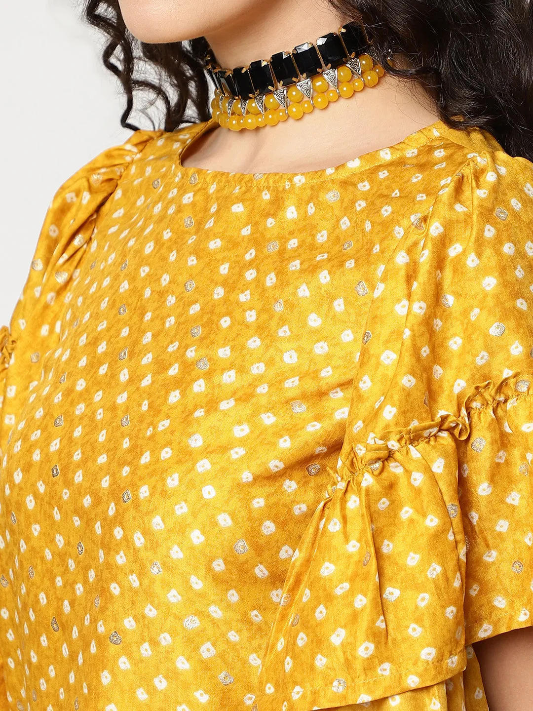 Bandhani Foil Printed Crop Top With Flared Sleeves And Solid Matching Pant Set (Set Of 2)
