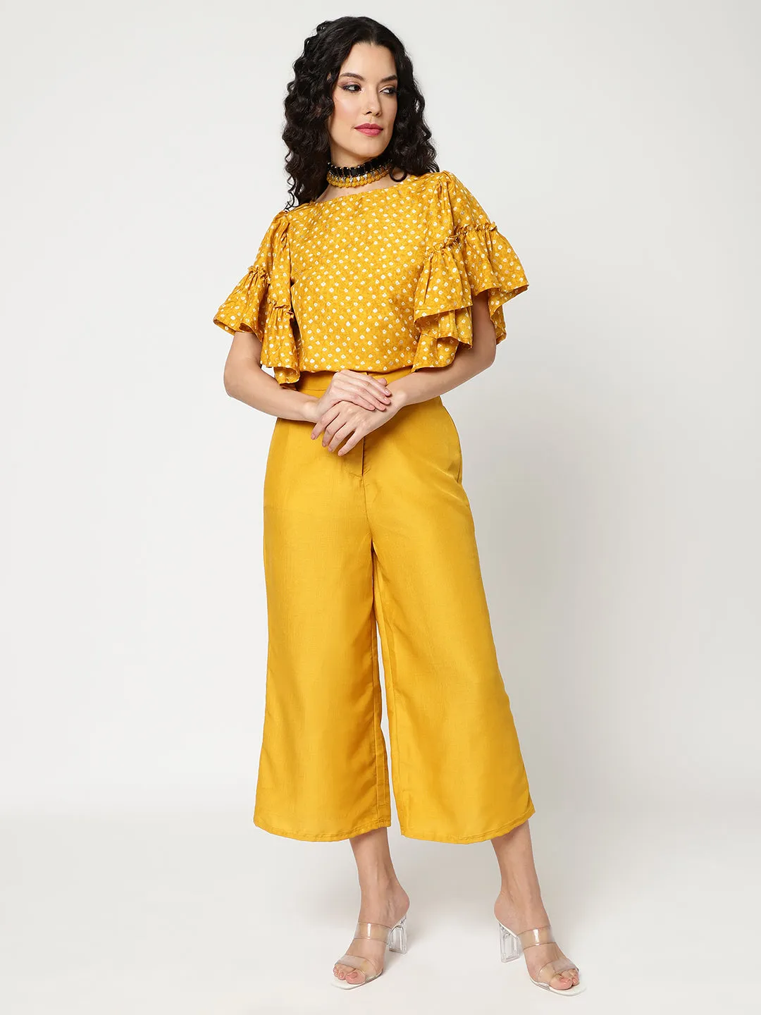 Bandhani Foil Printed Crop Top With Flared Sleeves And Solid Matching Pant Set (Set Of 2)