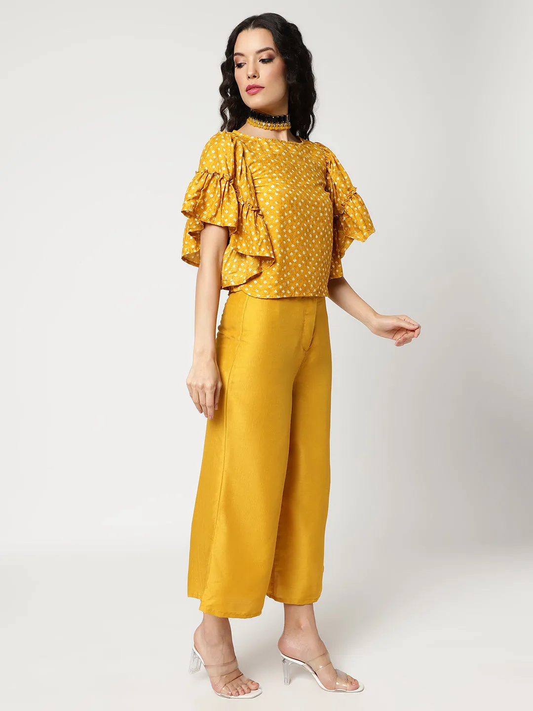 Bandhani Foil Printed Crop Top With Flared Sleeves And Solid Matching Pant Set (Set Of 2)