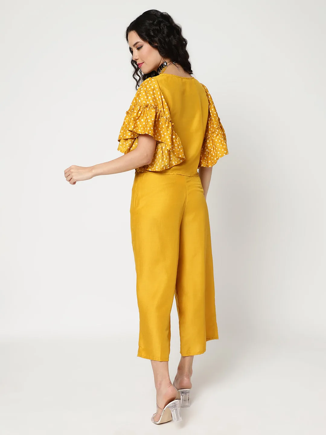 Bandhani Foil Printed Crop Top With Flared Sleeves And Solid Matching Pant Set (Set Of 2)