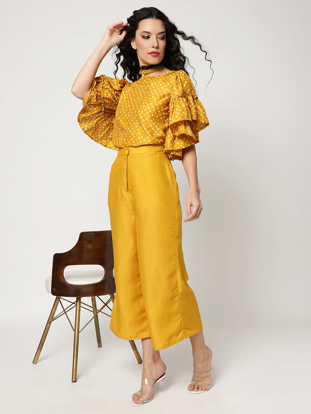 Bandhani Foil Printed Crop Top With Flared Sleeves And Solid Matching Pant Set (Set Of 2)