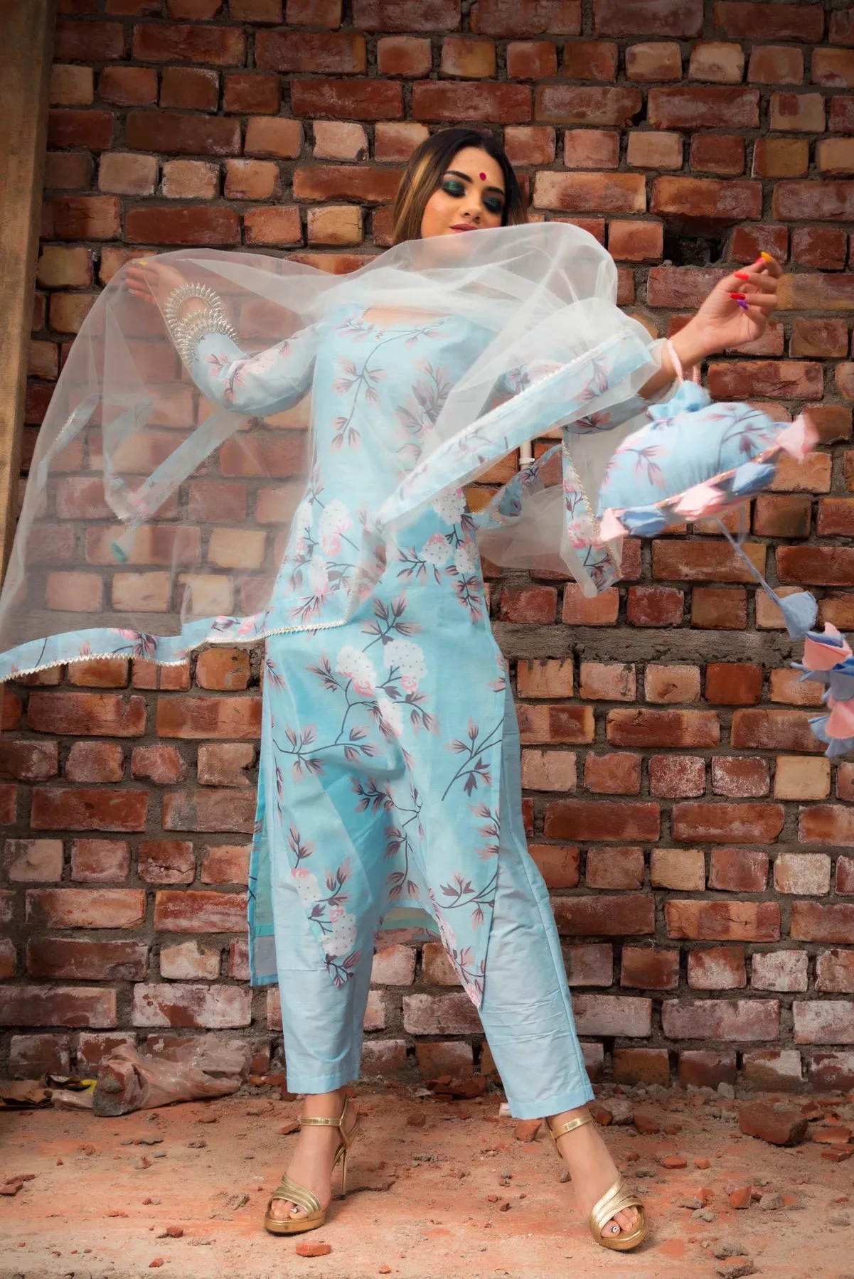 Blue Modal Cotton Floral Print Kurta Palazzo Set with Dupatta