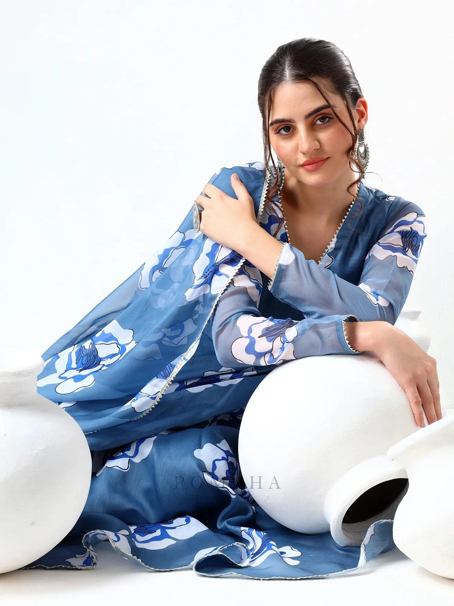 Blue Organza Print Detailing Anarkali Set with Dupatta