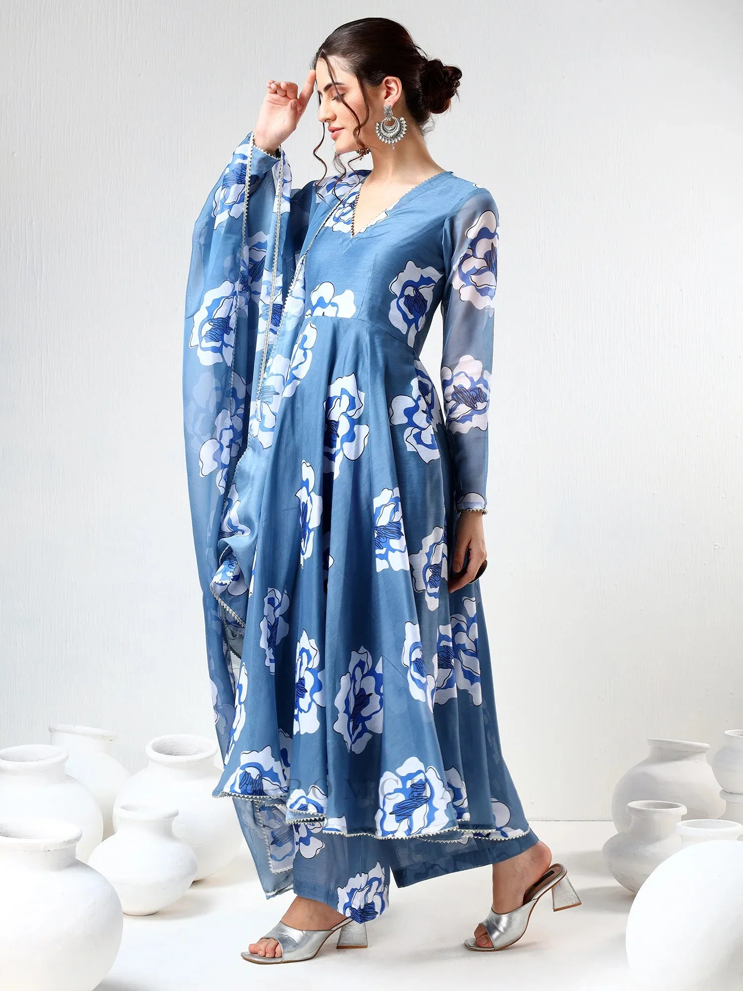 Blue Organza Print Detailing Anarkali Set with Dupatta