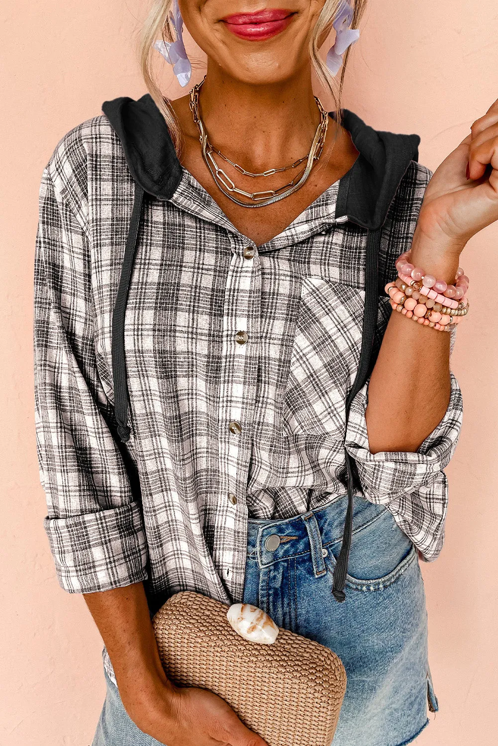 Blue Zone Planet |  Black Checkered Print Loose Fit Buttoned Hooded Shacket