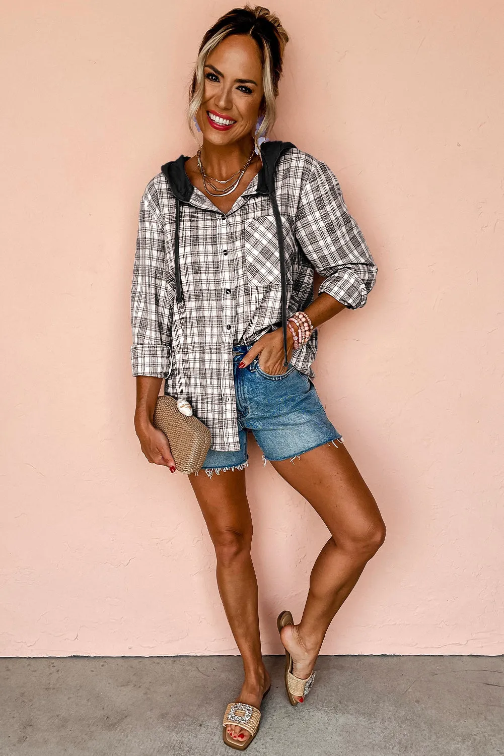 Blue Zone Planet |  Black Checkered Print Loose Fit Buttoned Hooded Shacket
