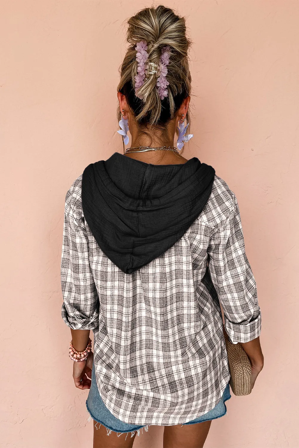 Blue Zone Planet |  Black Checkered Print Loose Fit Buttoned Hooded Shacket