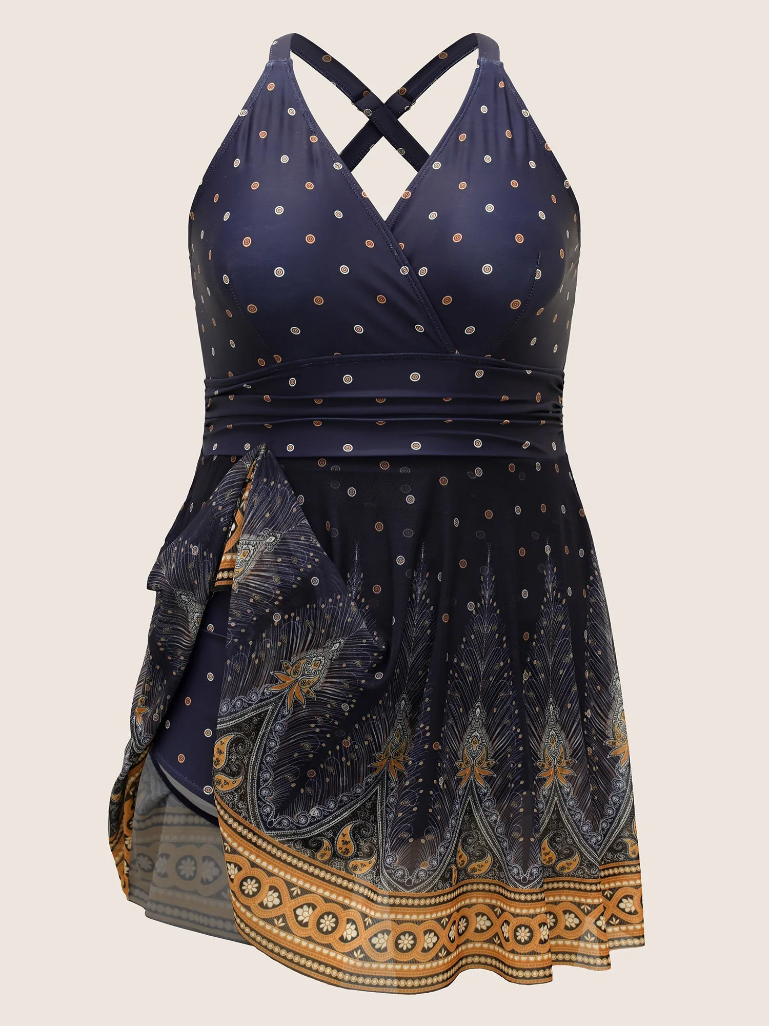 Boho Print Overlap Collar Mesh Crisscross Swim Dress