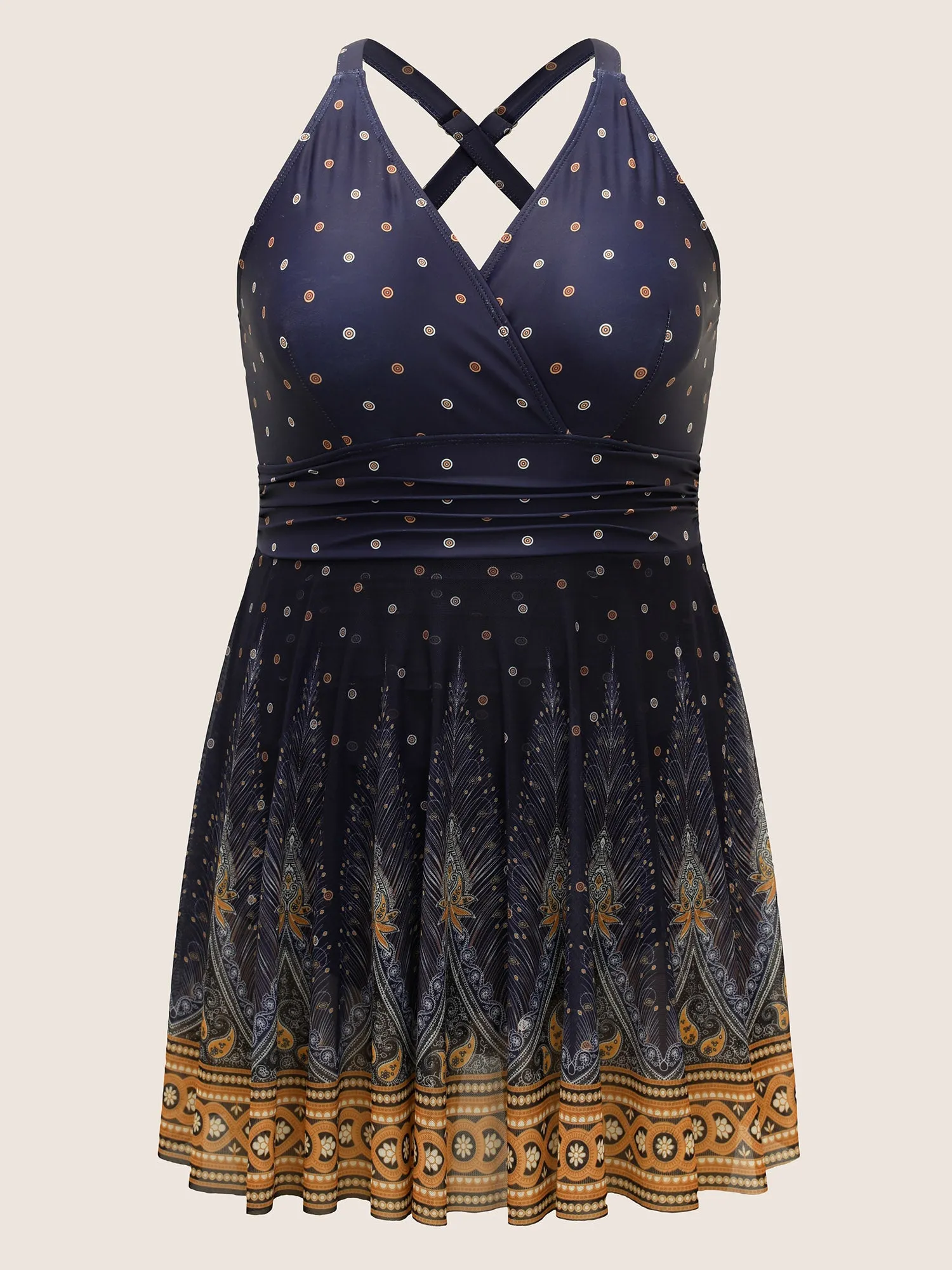 Boho Print Overlap Collar Mesh Crisscross Swim Dress