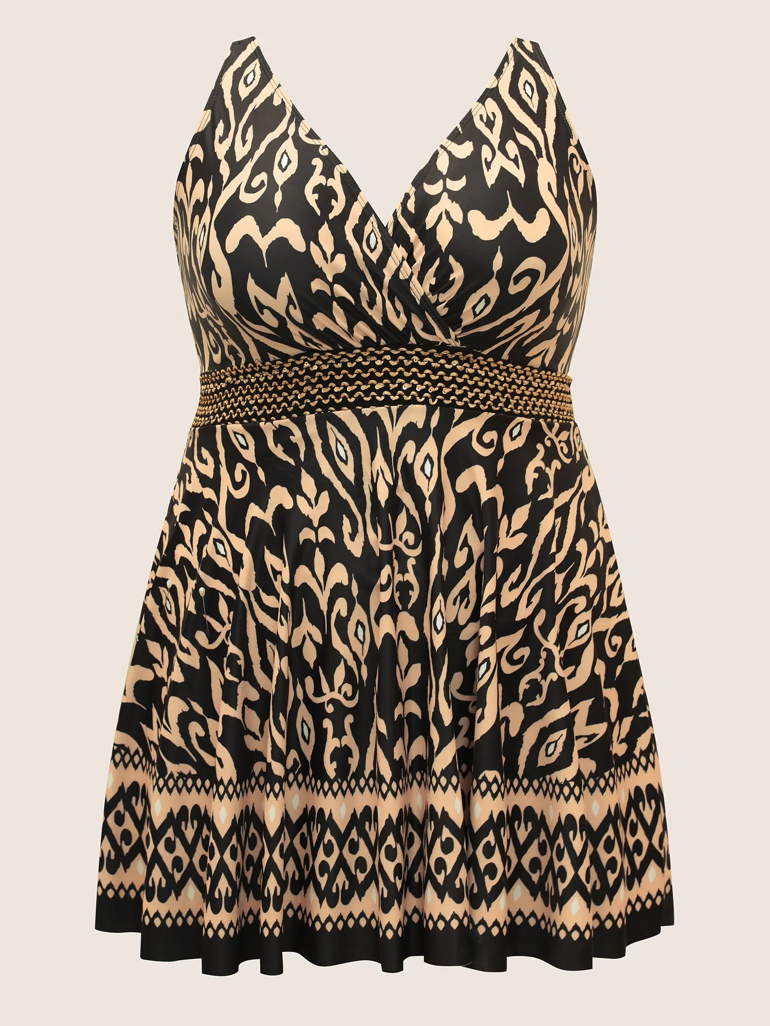 Boho Print Overlap Collar Woven Ribbon Swim Dress