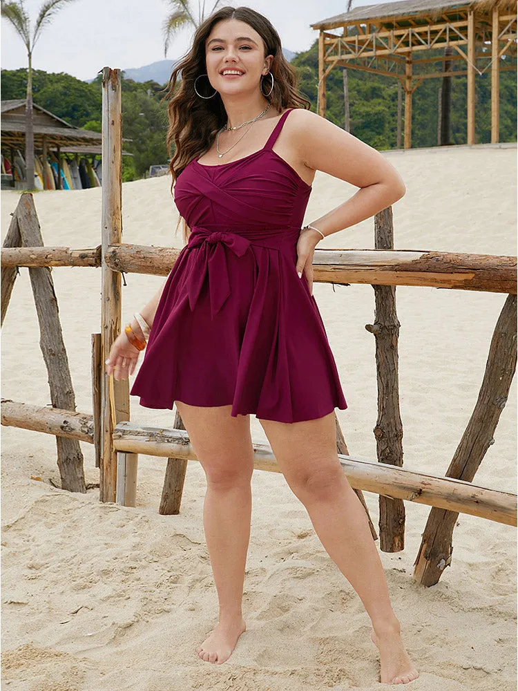 Bowknot Crossover Pleated Detail Swim Dress