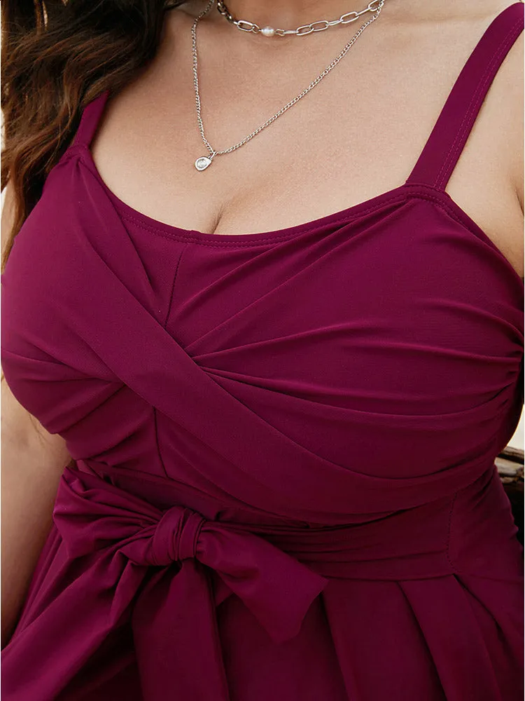 Bowknot Crossover Pleated Detail Swim Dress