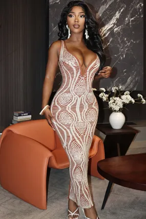 Brown Irregular Print V Neck Sleeveless Bodycon Dress