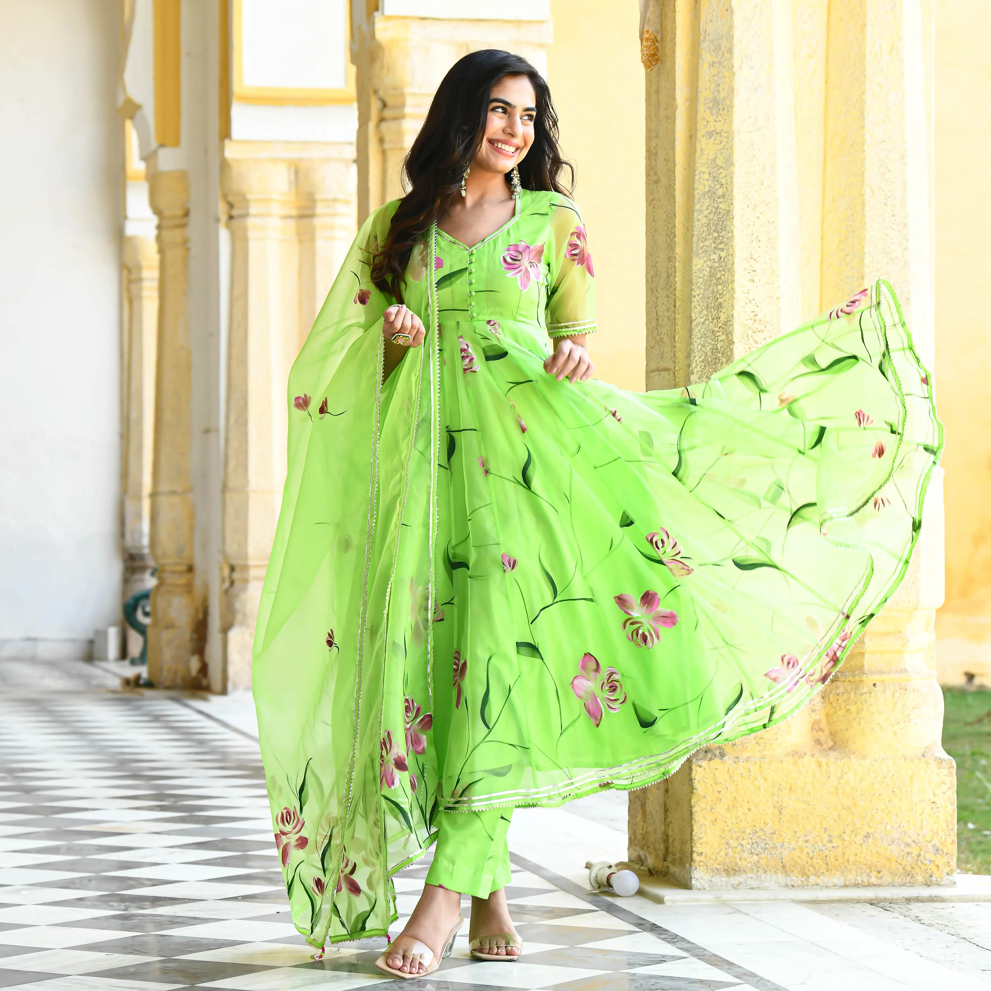 Bunaai Vibrant Green Handpainted Organza Suit