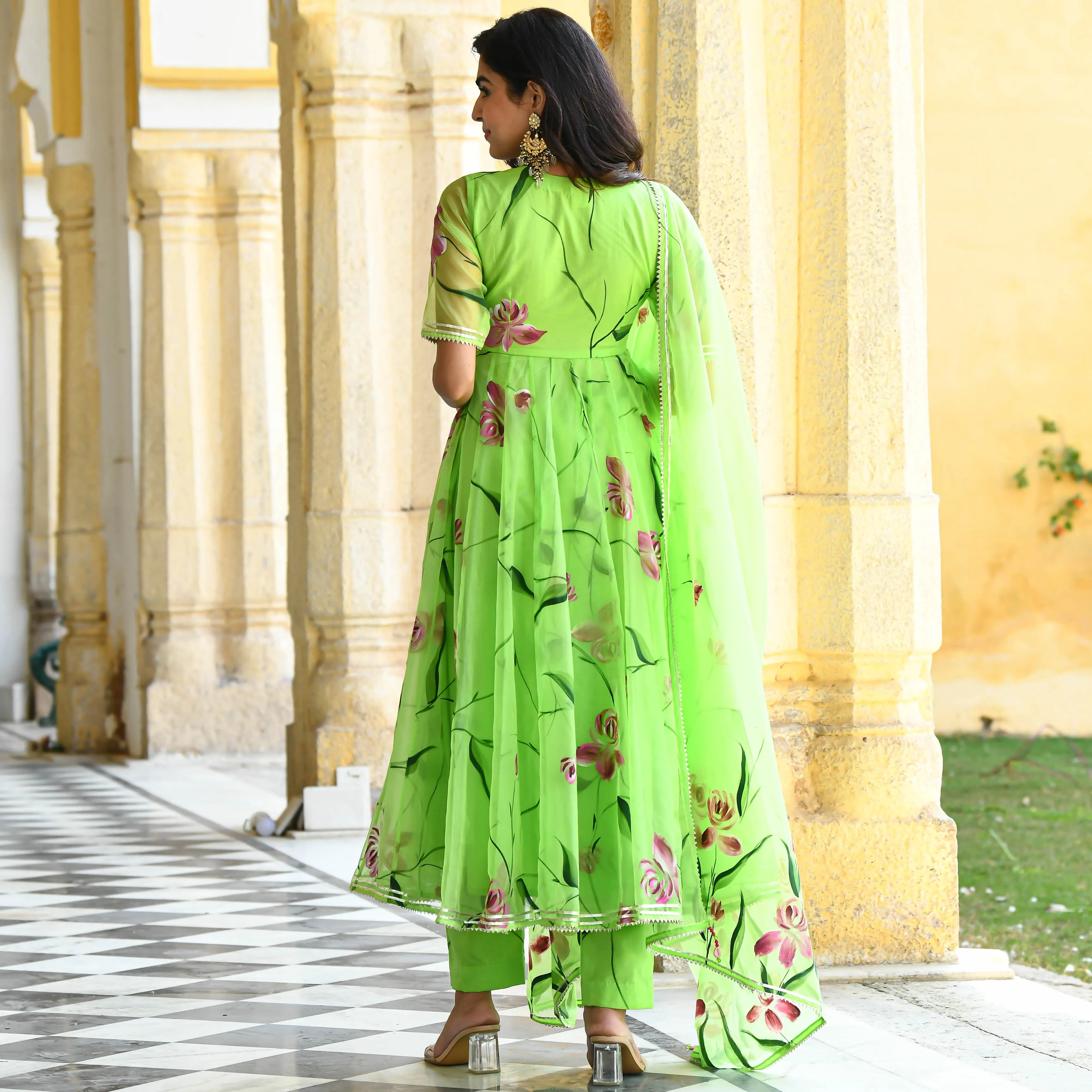 Bunaai Vibrant Green Handpainted Organza Suit