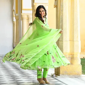 Bunaai Vibrant Green Handpainted Organza Suit
