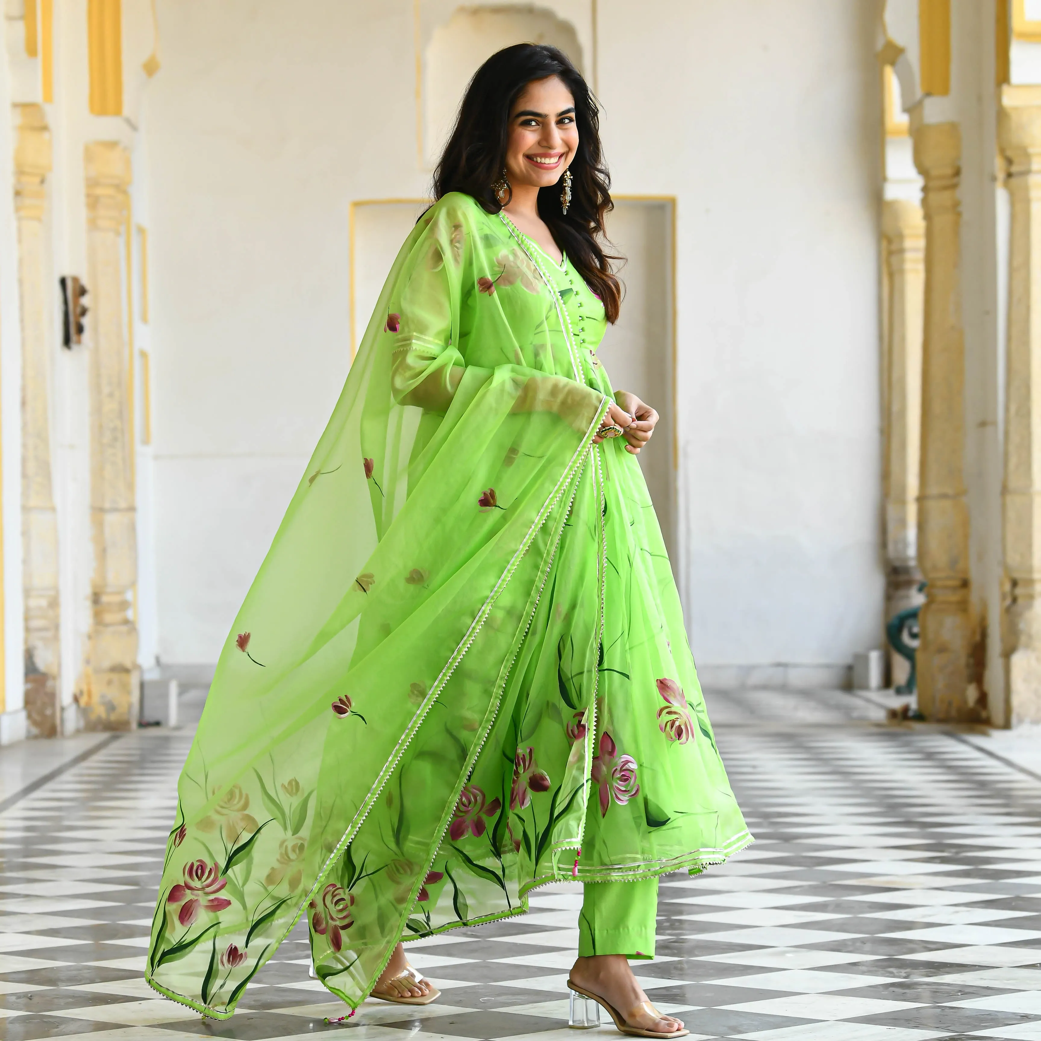 Bunaai Vibrant Green Handpainted Organza Suit