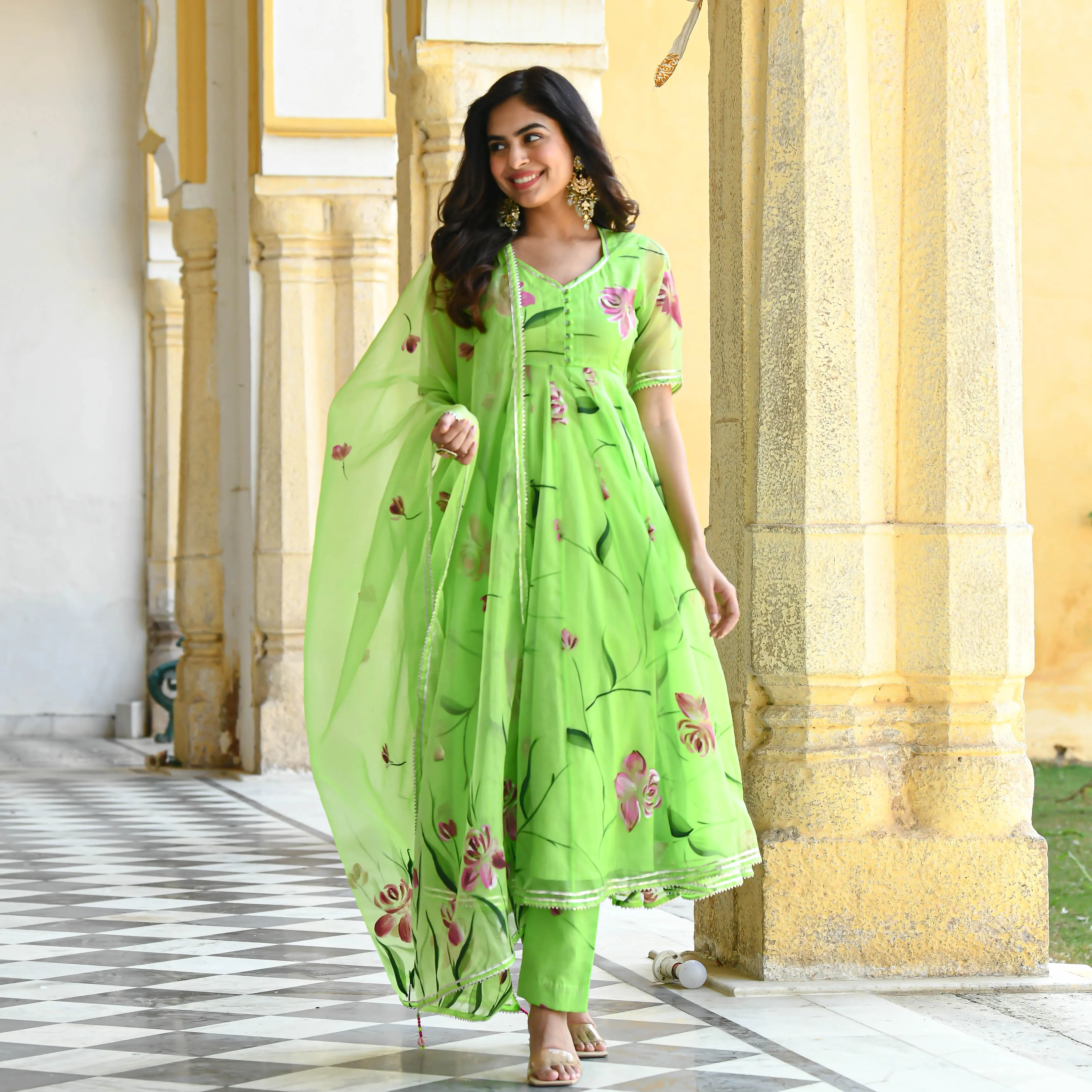 Bunaai Vibrant Green Handpainted Organza Suit