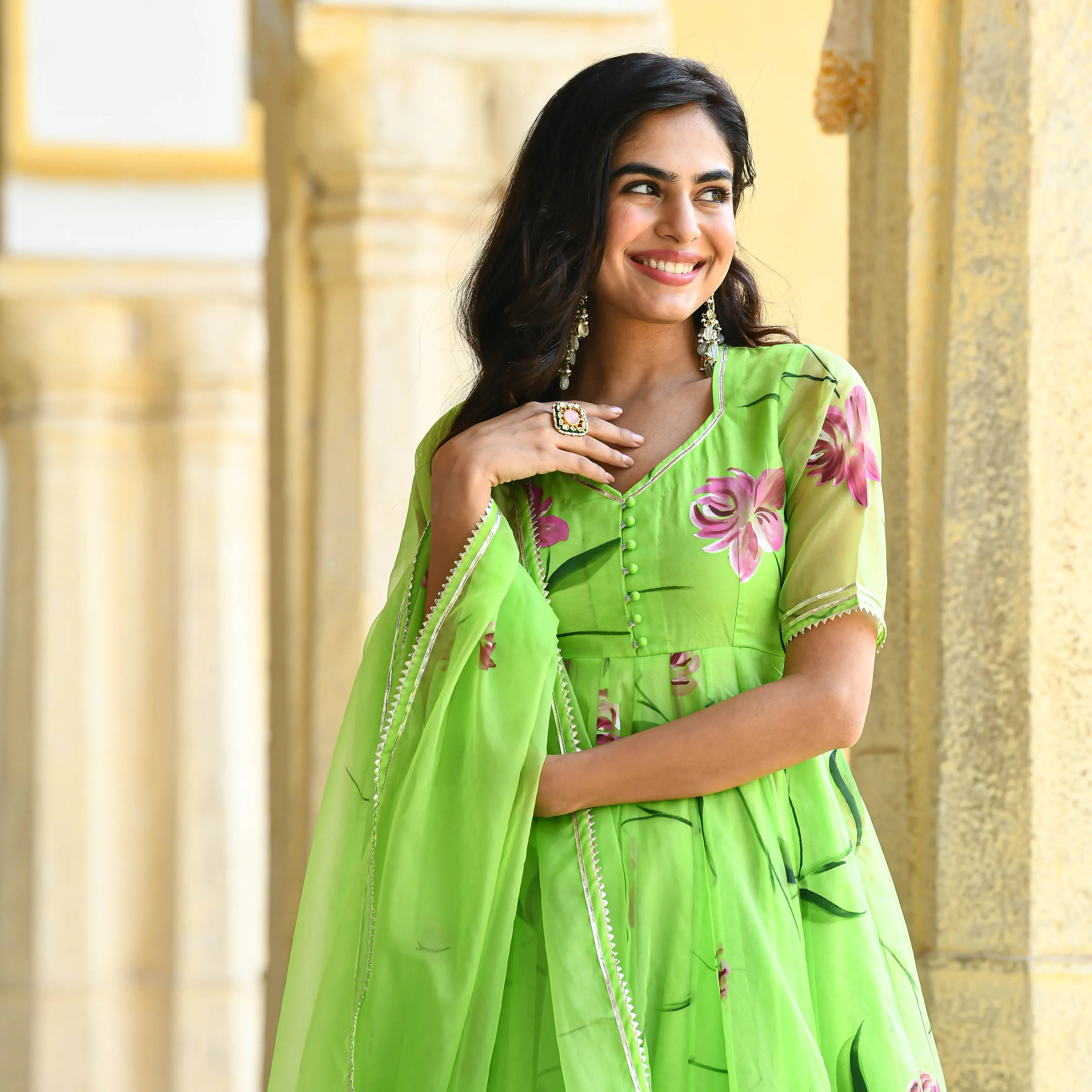 Bunaai Vibrant Green Handpainted Organza Suit