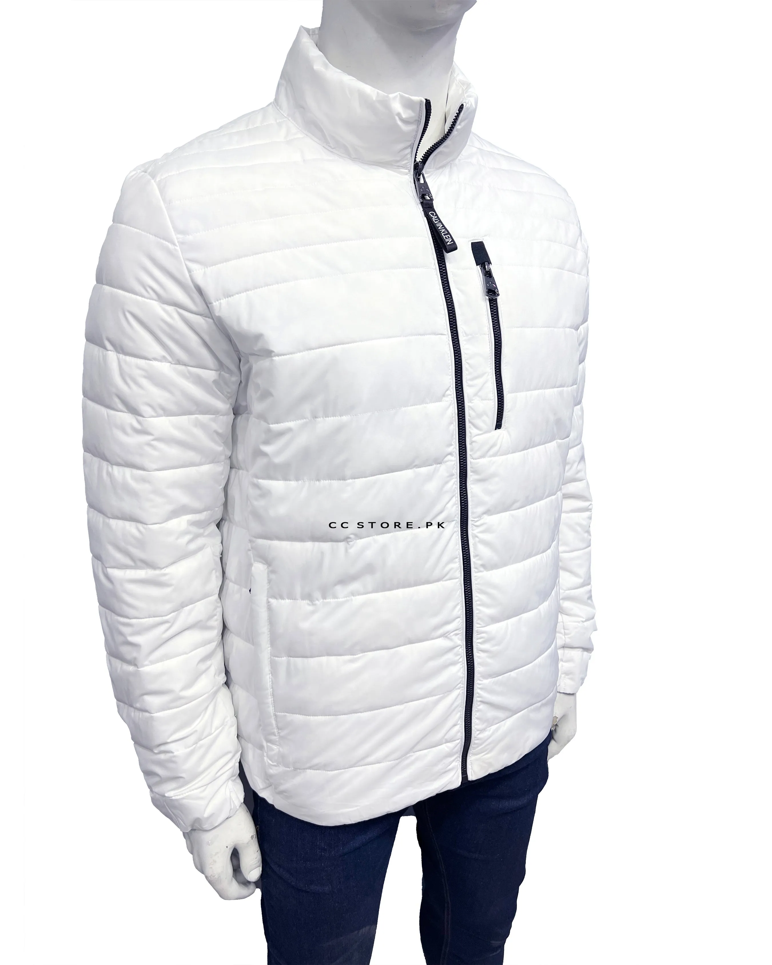 Ck White Puffer Jacket with Front Pocket Detail