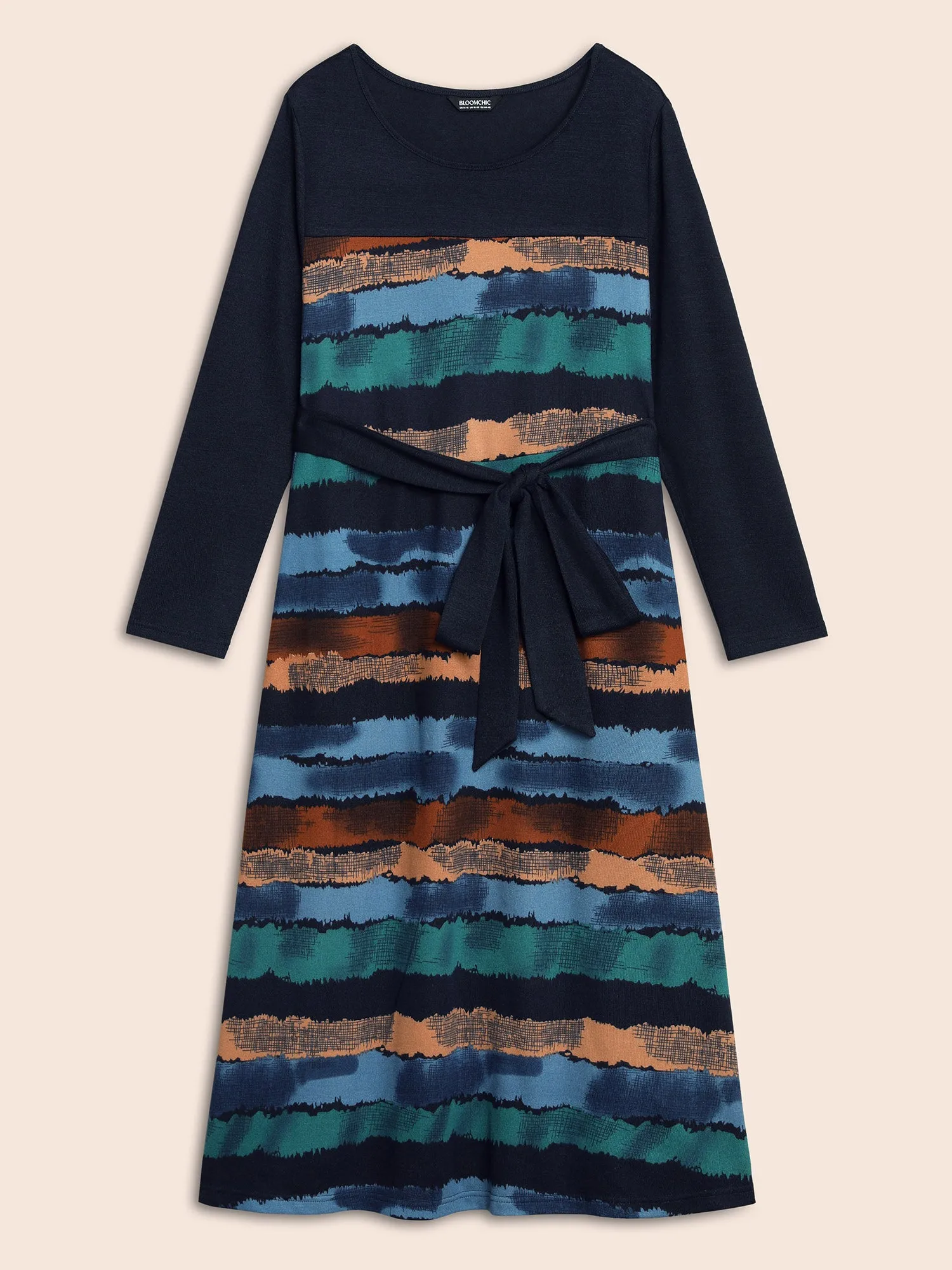 Contrast Striped Round Neck Midi Dress
