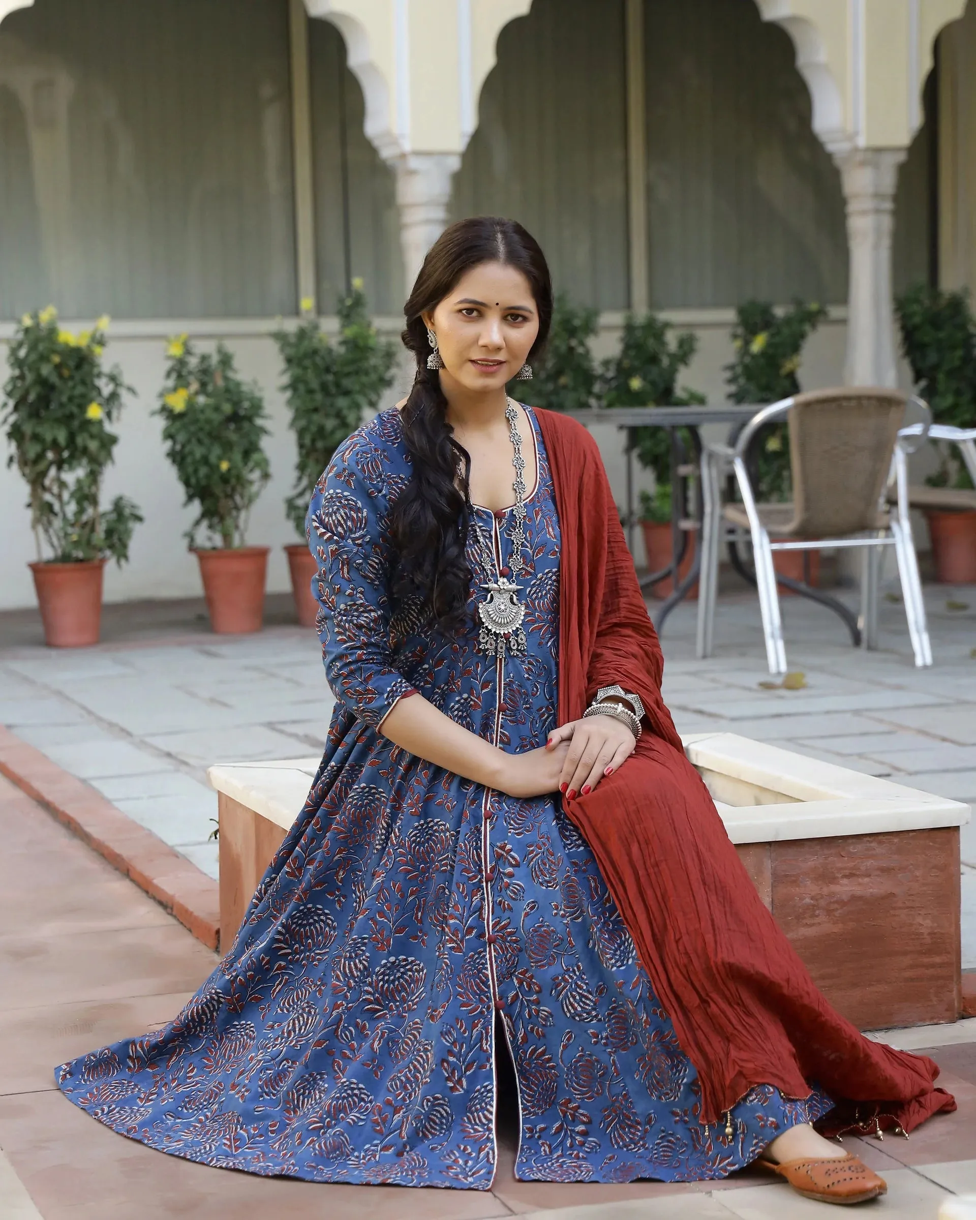Cotton Blue & Red Printed Anarkali Kurta Pant Set with Mulmul Dupatta