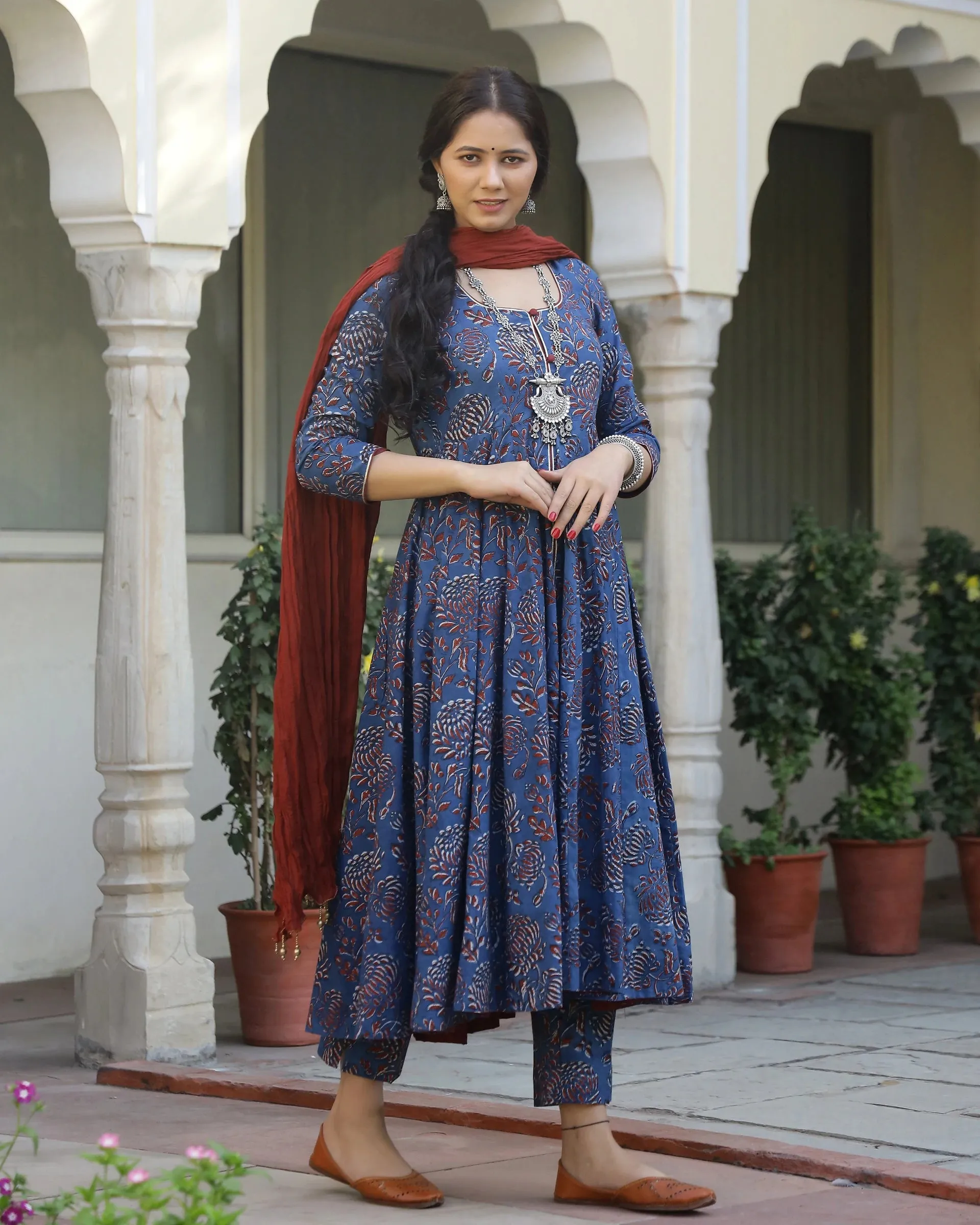 Cotton Blue & Red Printed Anarkali Kurta Pant Set with Mulmul Dupatta