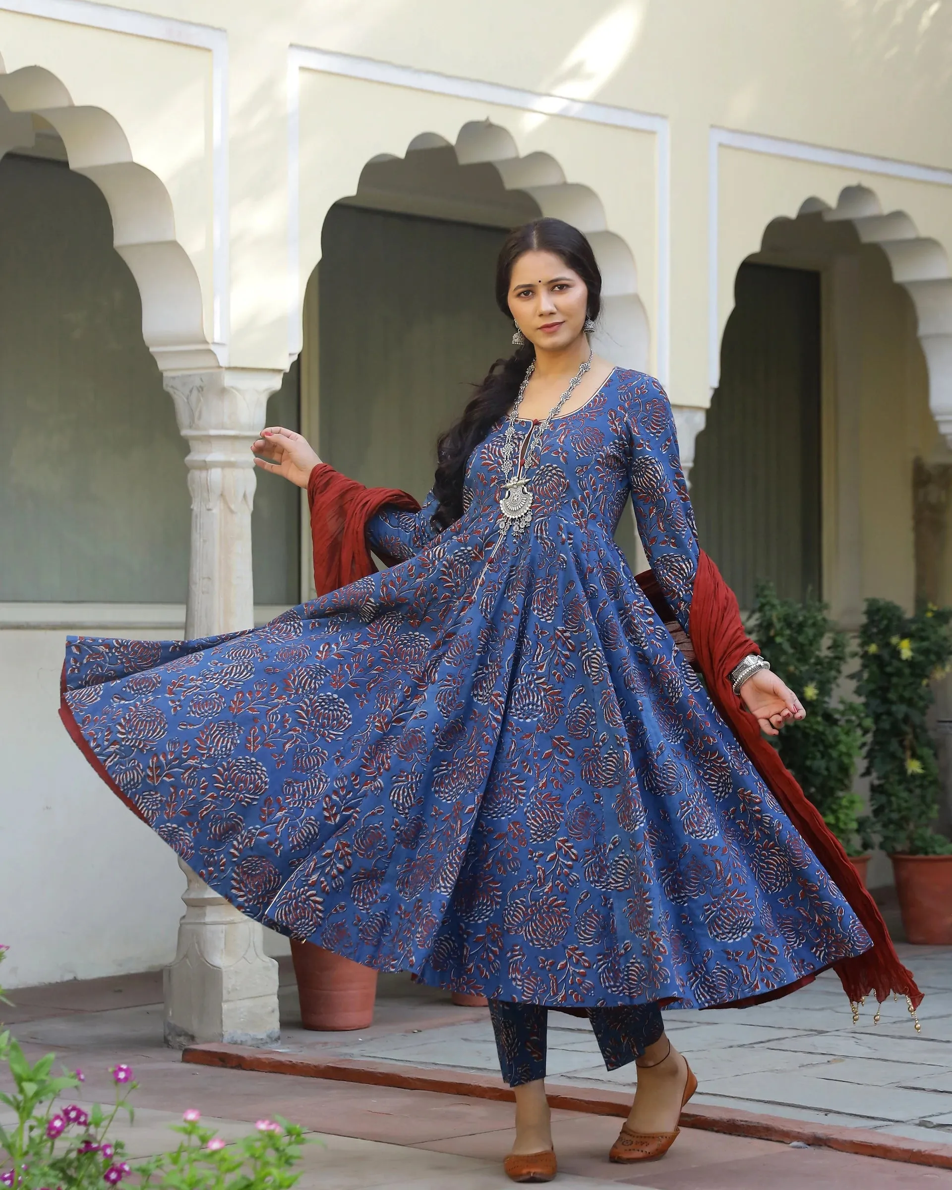 Cotton Blue & Red Printed Anarkali Kurta Pant Set with Mulmul Dupatta