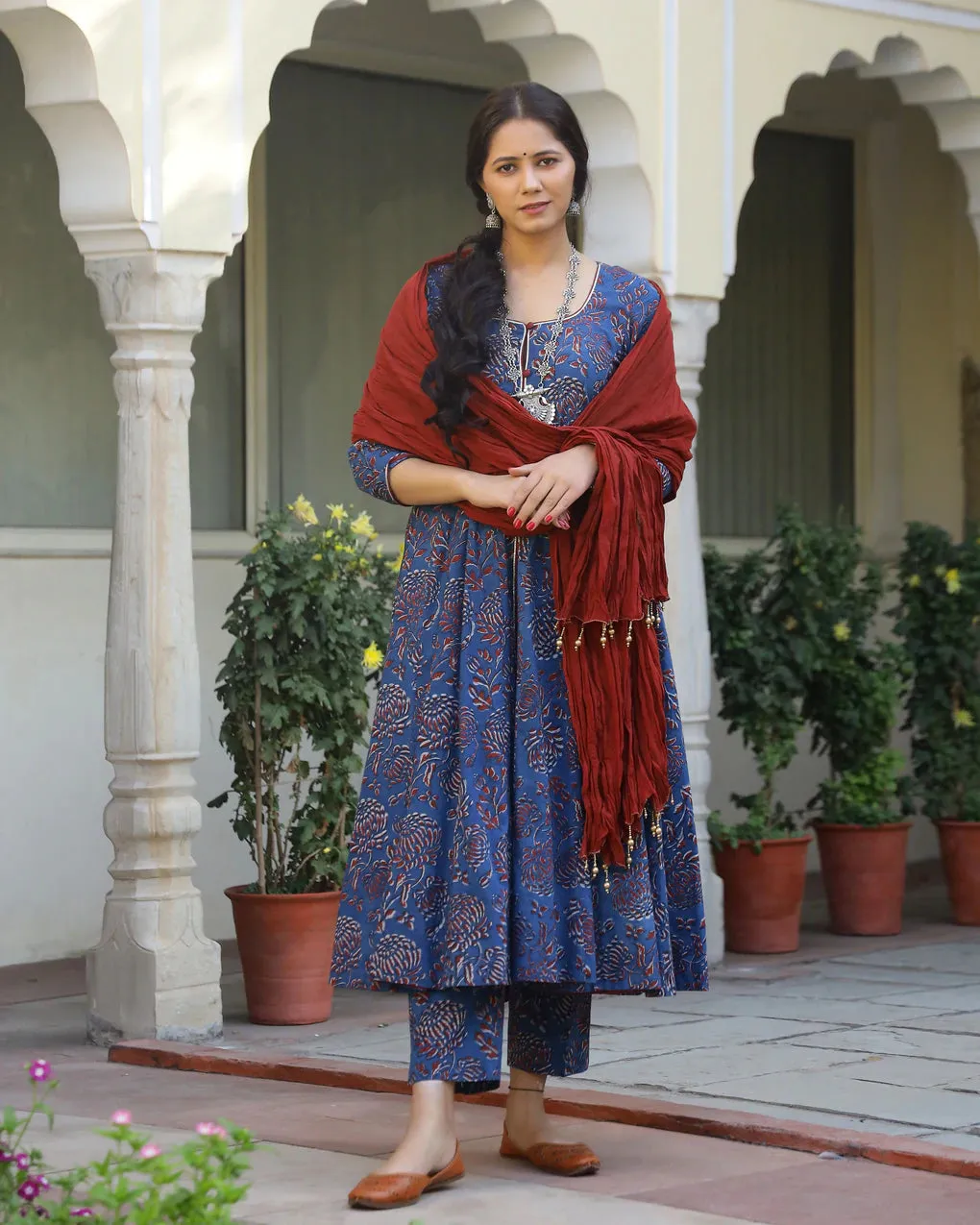 Cotton Blue & Red Printed Anarkali Kurta Pant Set with Mulmul Dupatta