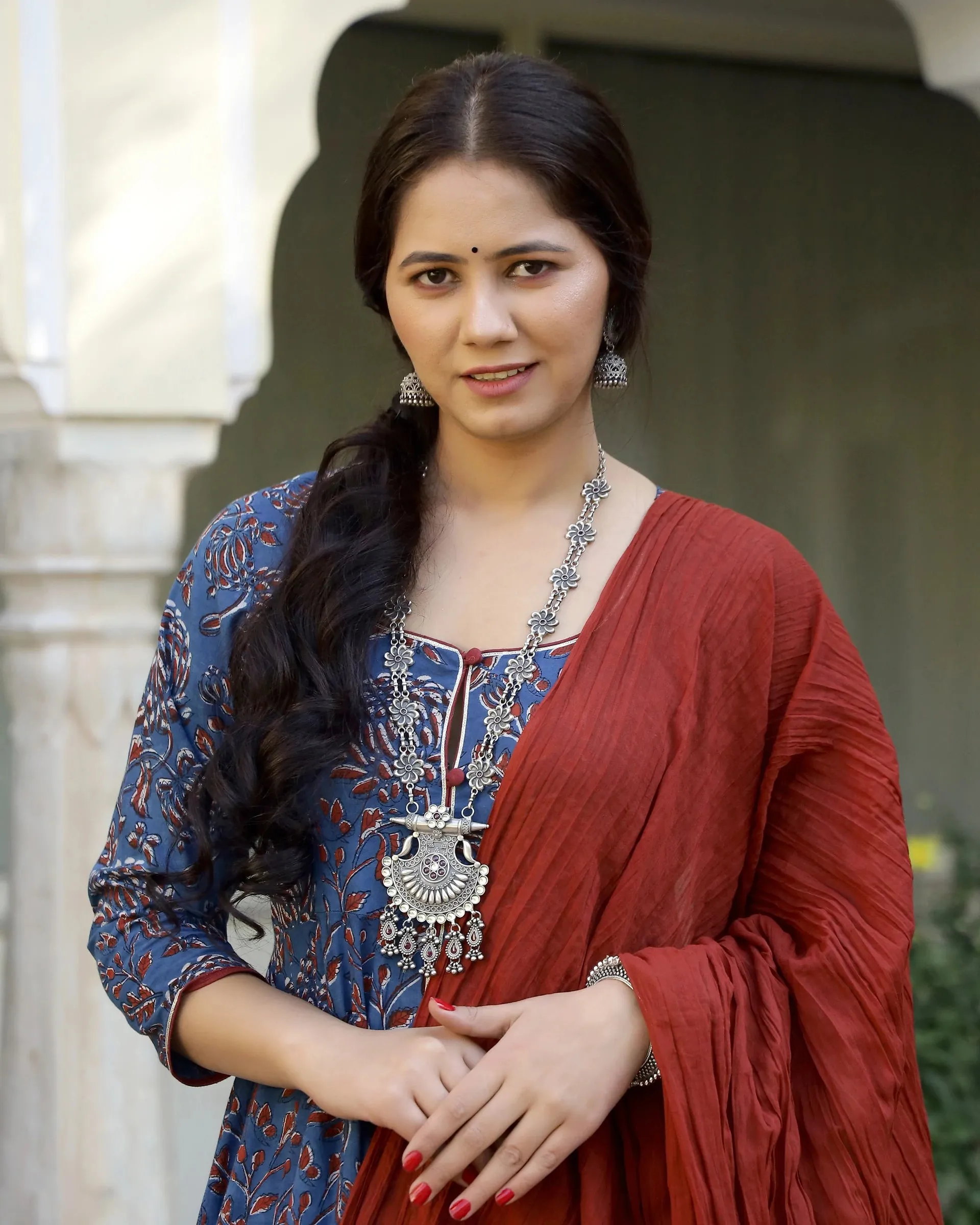 Cotton Blue & Red Printed Anarkali Kurta Pant Set with Mulmul Dupatta