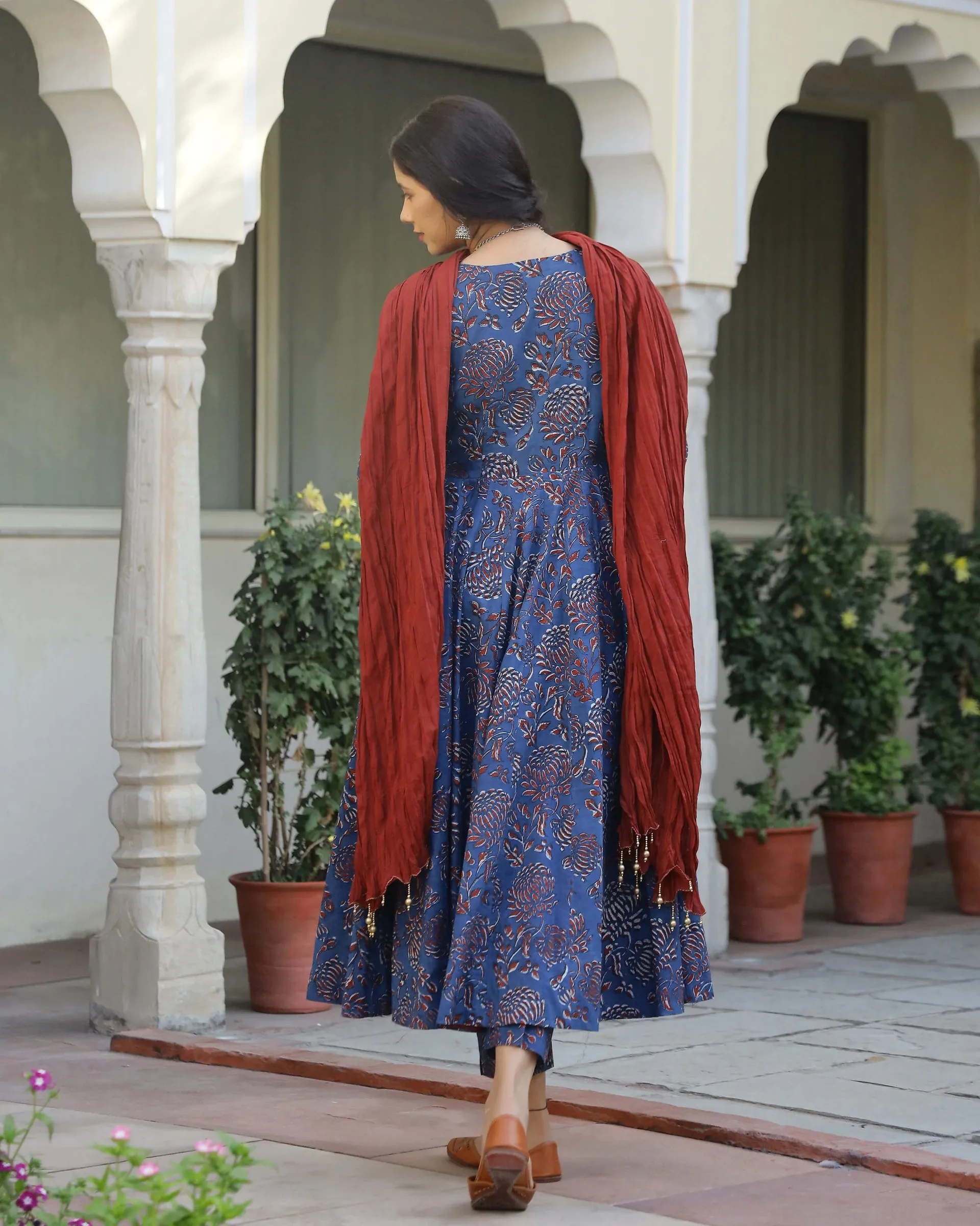 Cotton Blue & Red Printed Anarkali Kurta Pant Set with Mulmul Dupatta