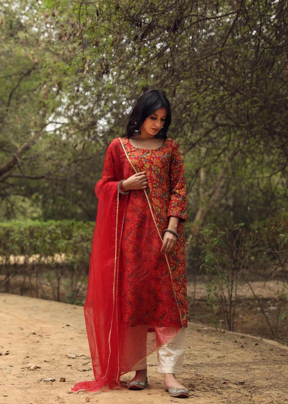 Cotton Red Floral Print Kurta Palazzo Set with Organza Dupatta