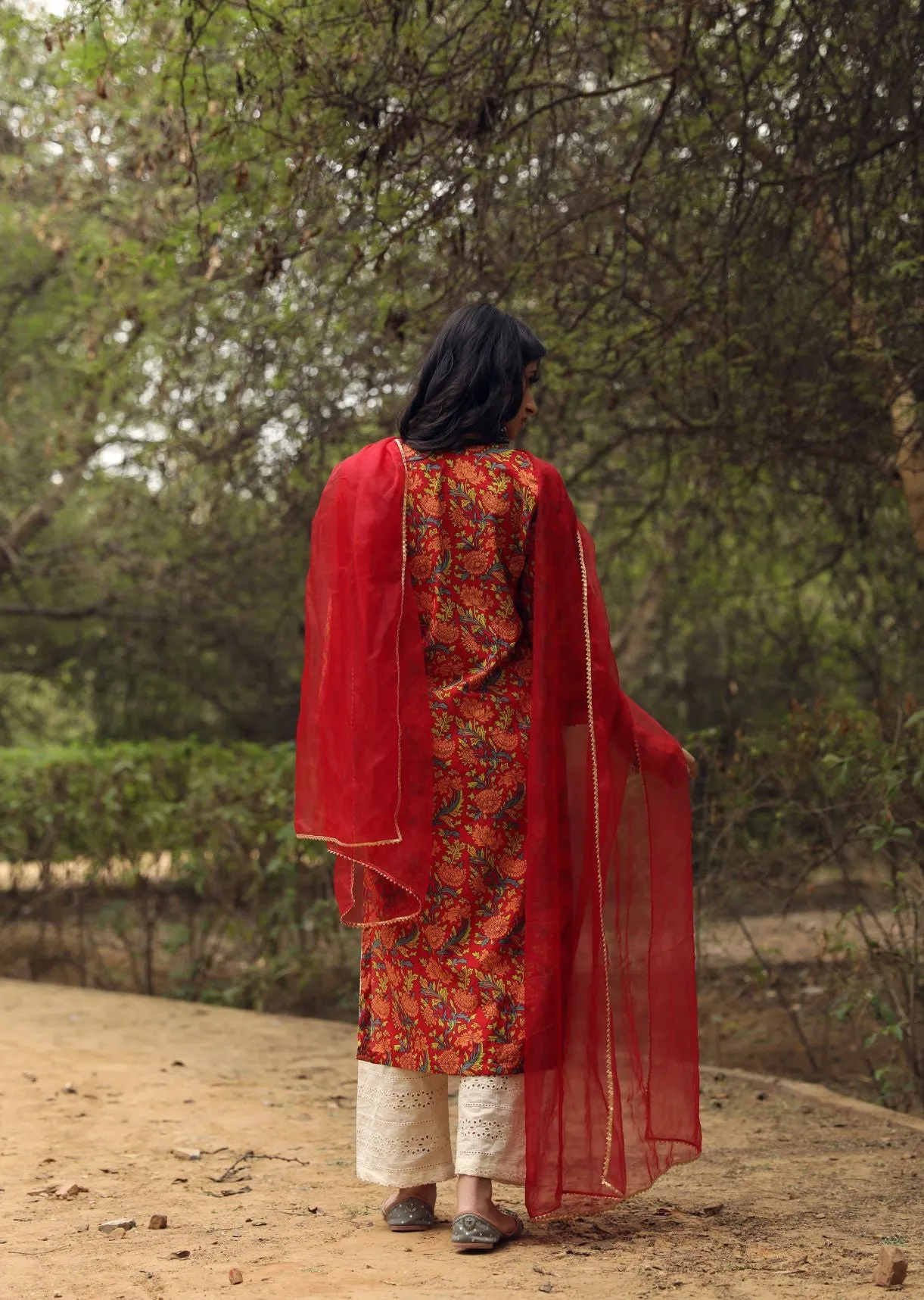 Cotton Red Floral Print Kurta Palazzo Set with Organza Dupatta