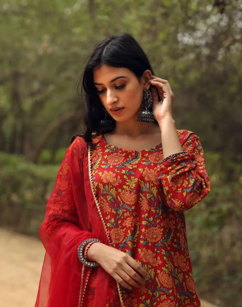Cotton Red Floral Print Kurta Palazzo Set with Organza Dupatta