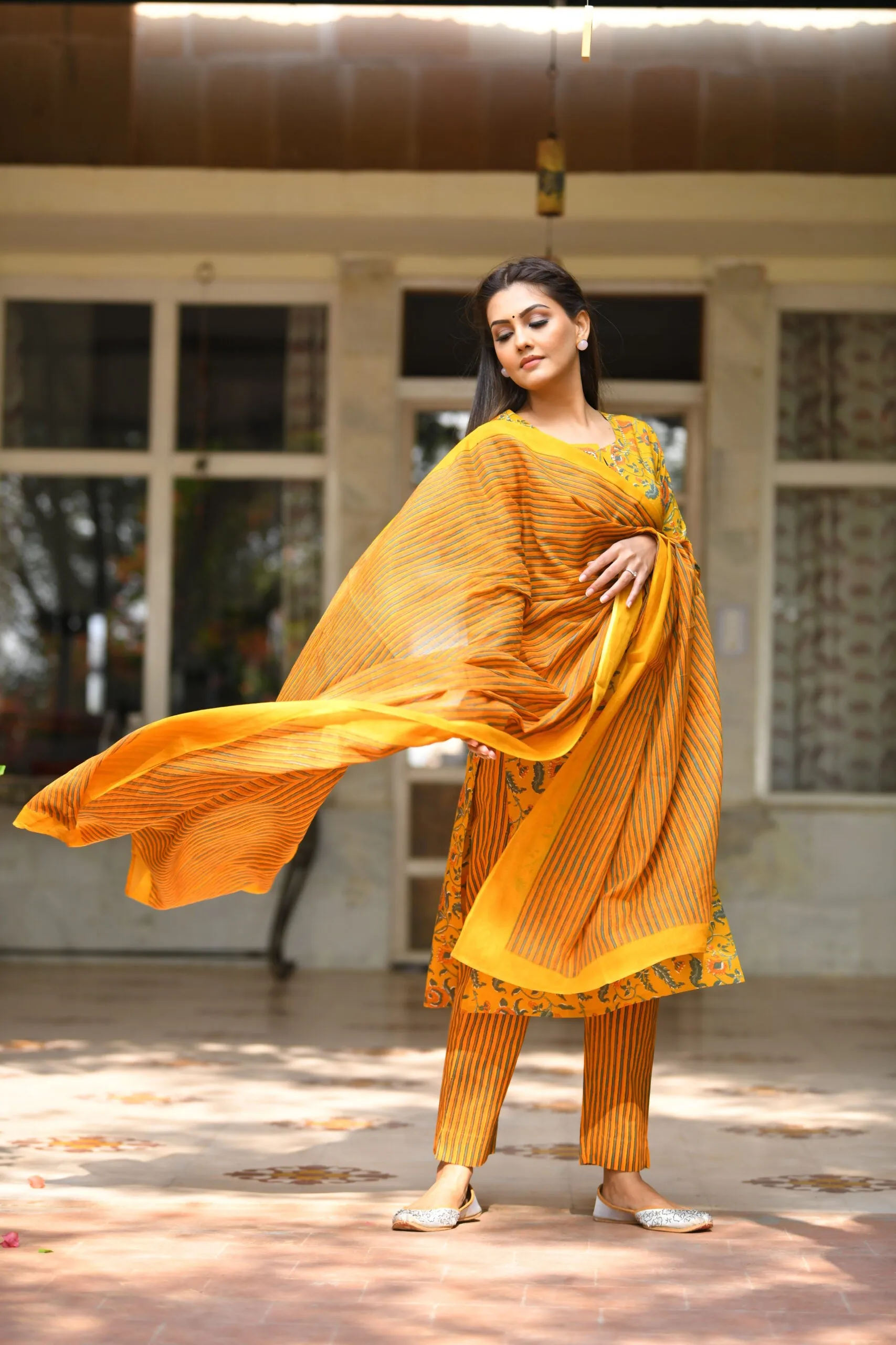 Cotton Yellow Floral Print Suit Set with Dupatta