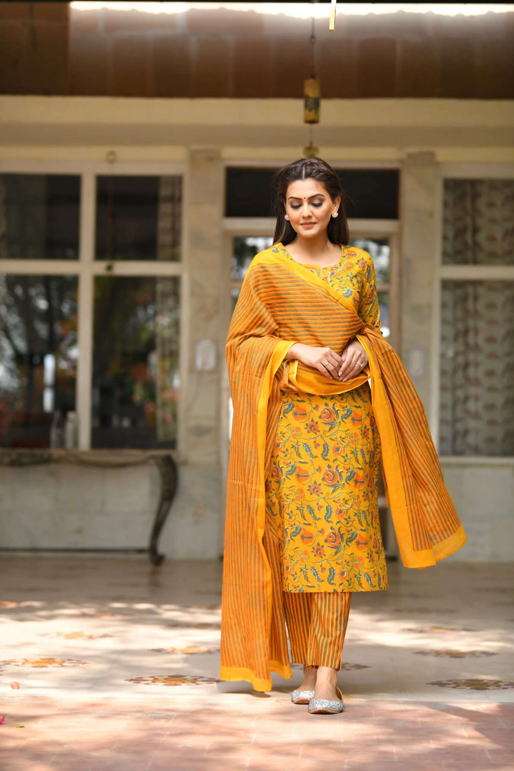 Cotton Yellow Floral Print Suit Set with Dupatta