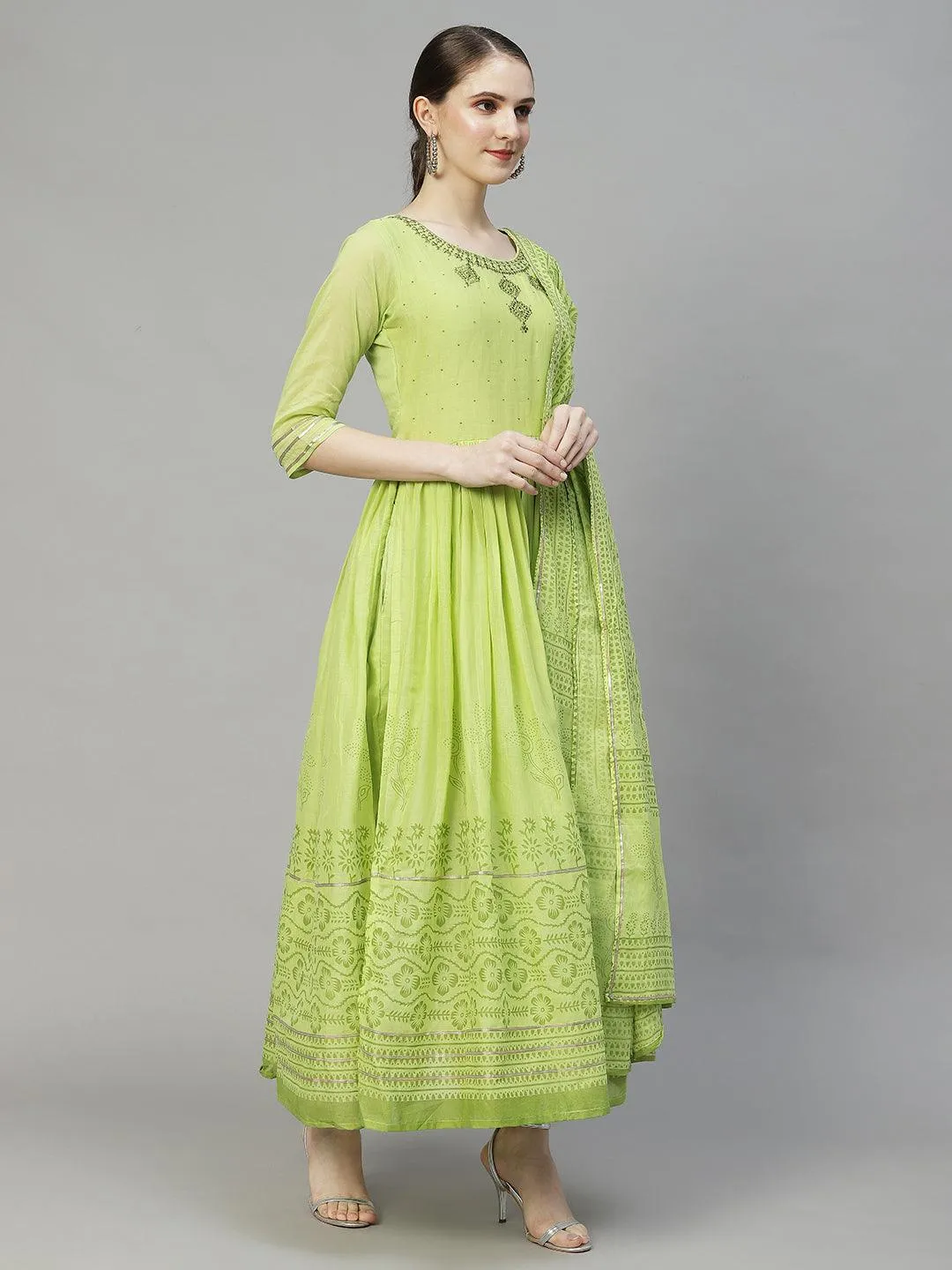 Ethnic Embroidered Flared Kurta with Pants & Dupatta - Light Green