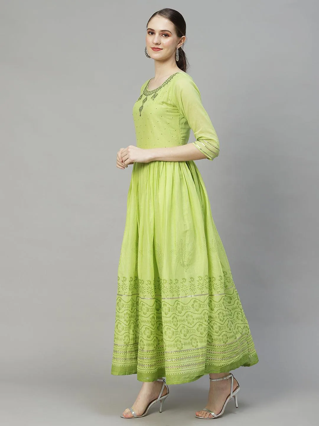 Ethnic Embroidered Flared Kurta with Pants & Dupatta - Light Green
