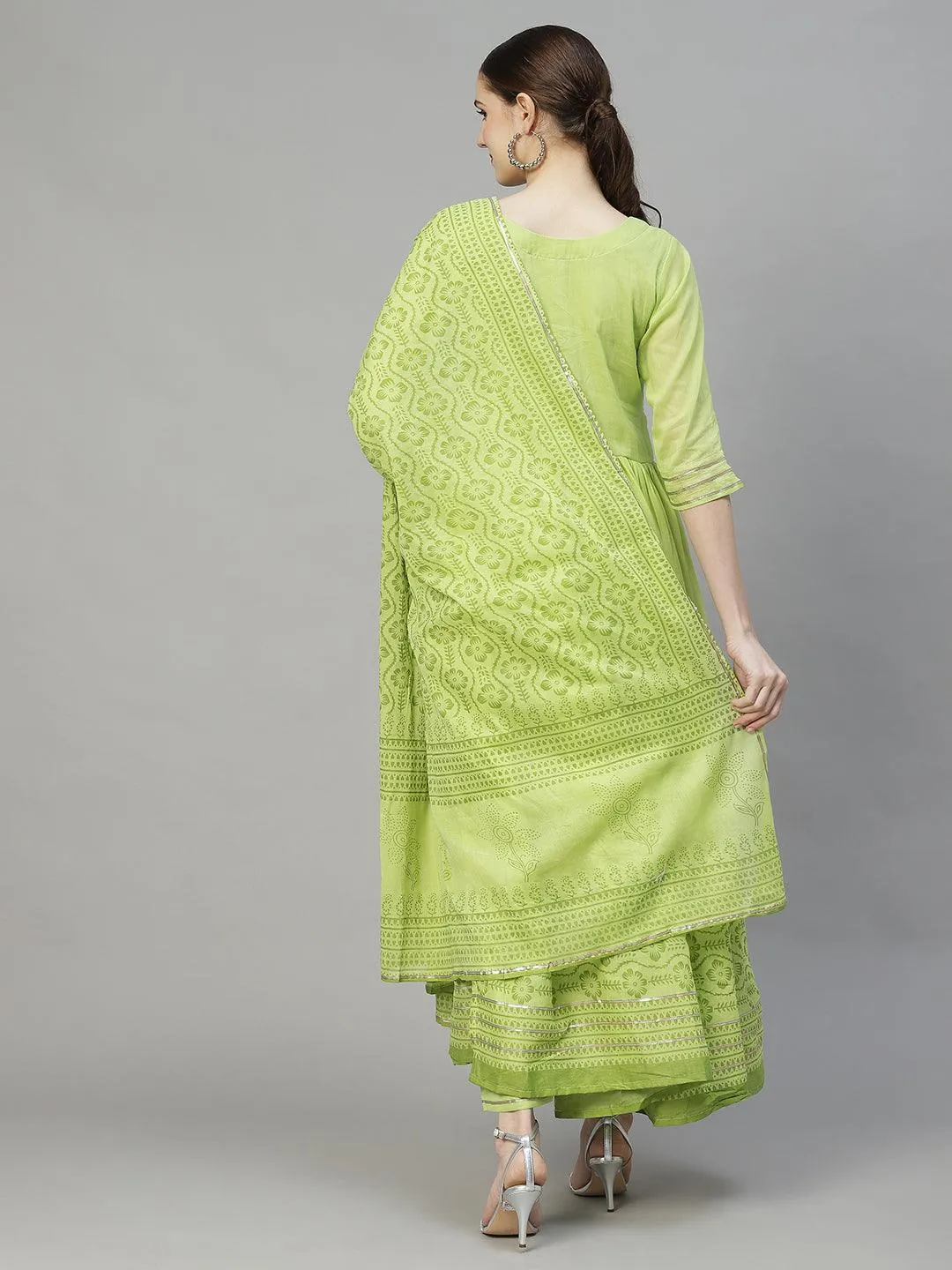 Ethnic Embroidered Flared Kurta with Pants & Dupatta - Light Green