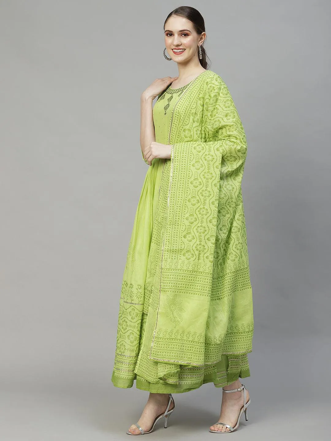 Ethnic Embroidered Flared Kurta with Pants & Dupatta - Light Green