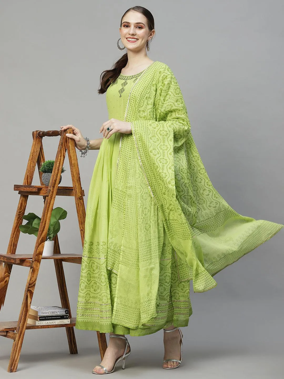 Ethnic Embroidered Flared Kurta with Pants & Dupatta - Light Green